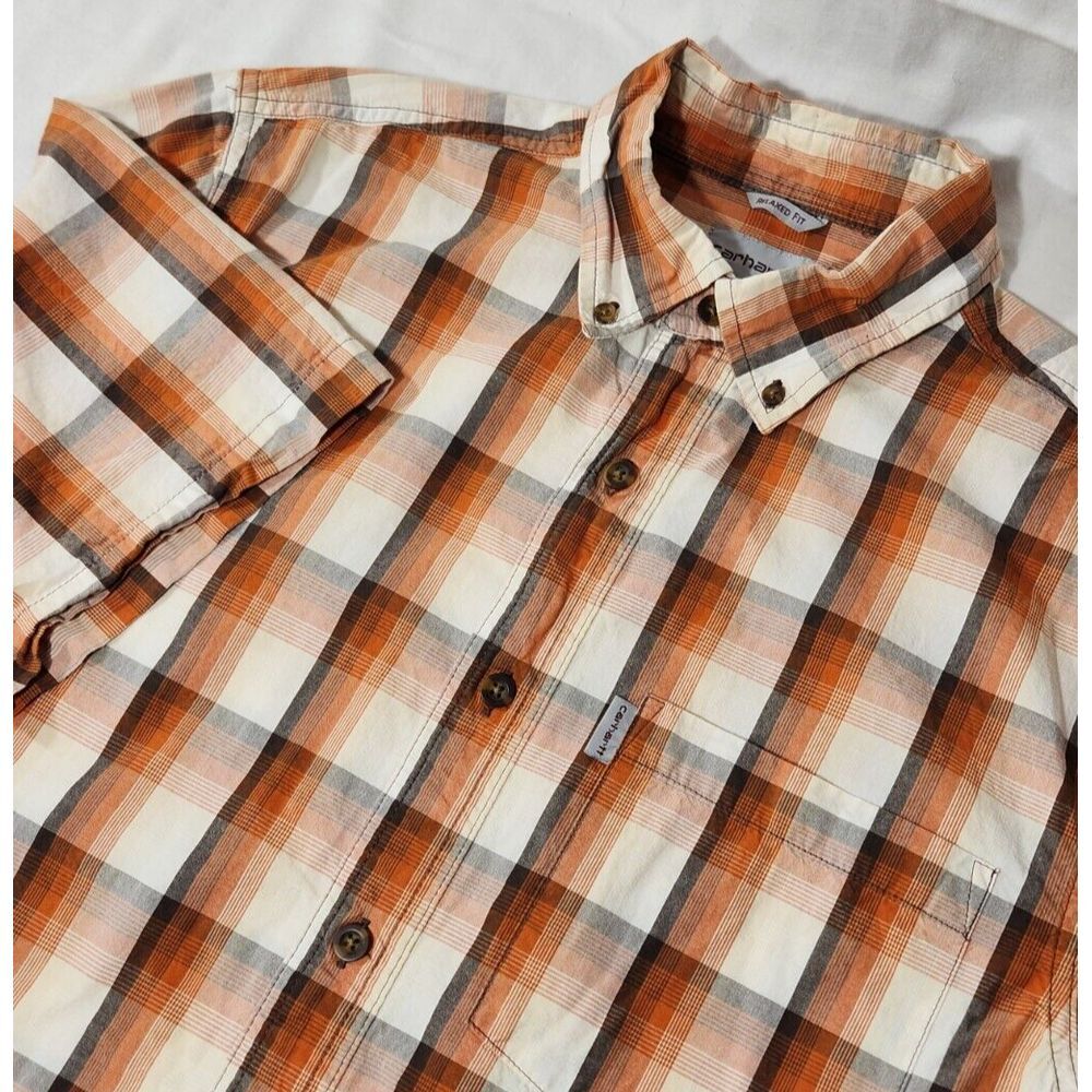 men's CARHARTT short sleeve button down Orange/White‎ Plaid size M